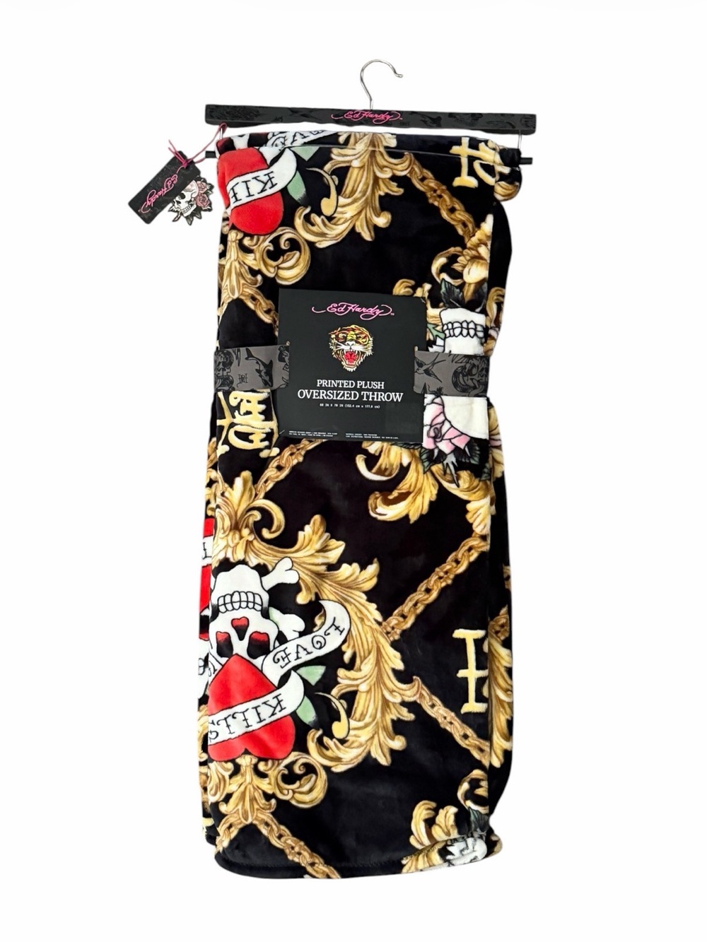 NEW Ed Hardy Blanket Oversized Plush Throw Black Gold